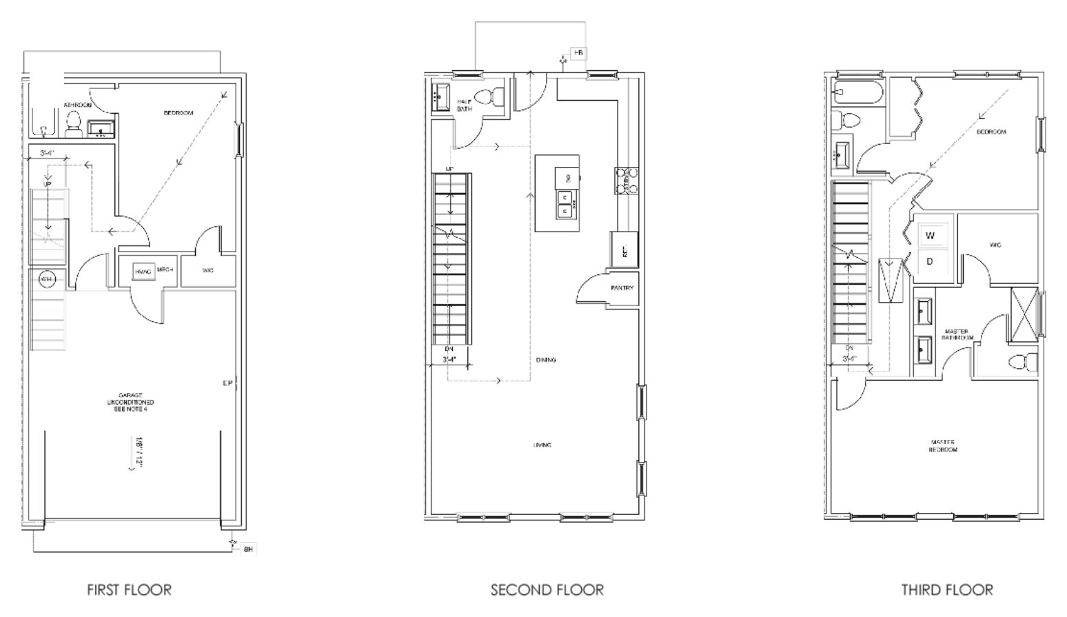 Type J floor plan: first, second and third floors